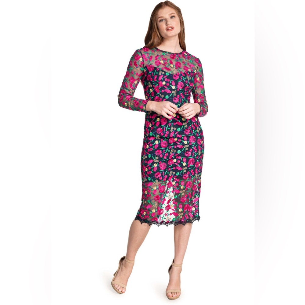 NWT Dress the Population Sophia dress. Size XXS. Navy/multi colored